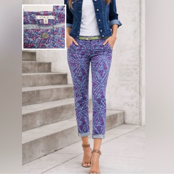 CAbi Palm Beach crop pants Multicolor Patterned Button-Up womens 8 strech - Picture 3 of 16